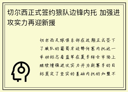 切尔西正式签约狼队边锋内托 加强进攻实力再迎新援